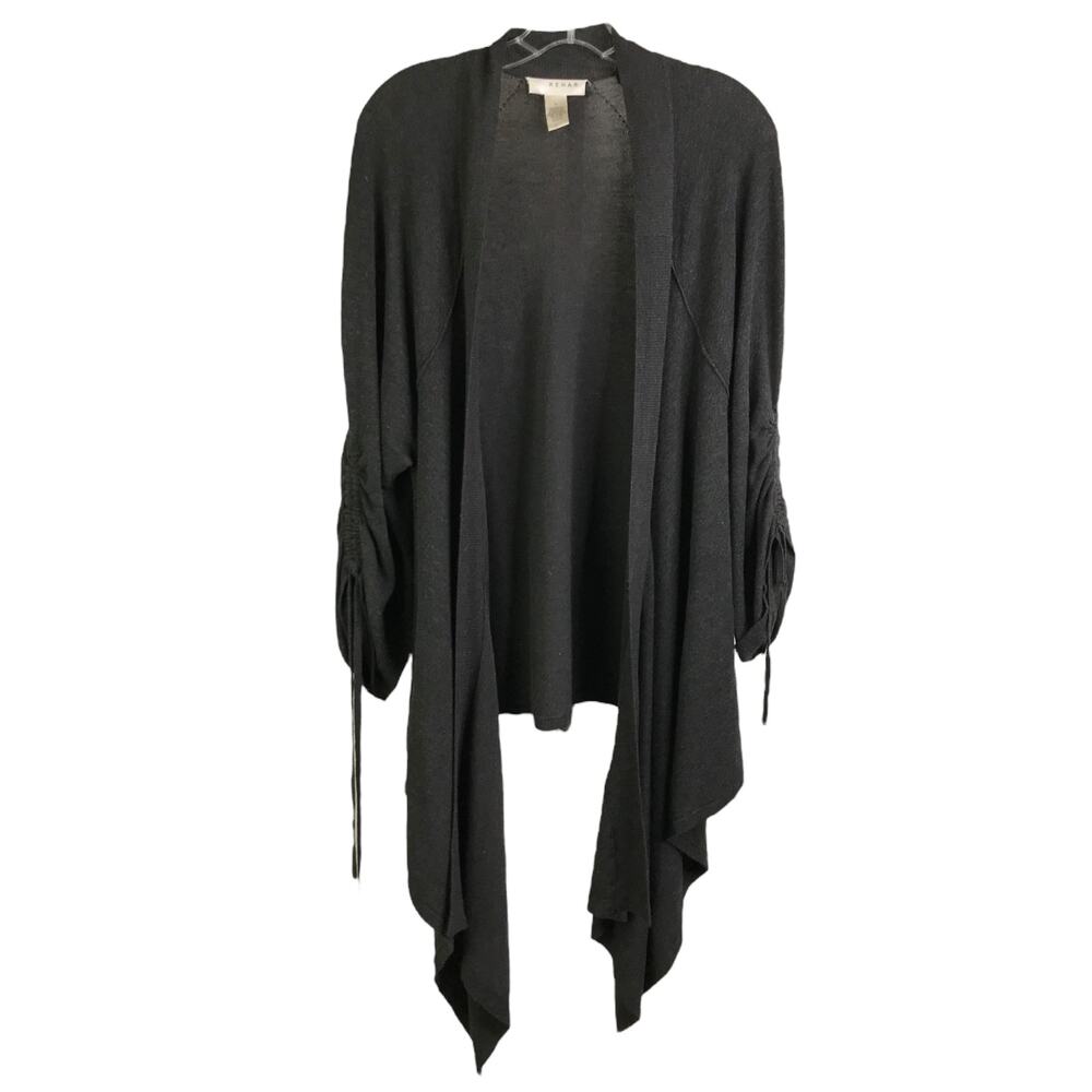 Kenar Cardigan Womens Sz L Charcoal Gray Long Drape Front Gathered‎ Sleeves Tie